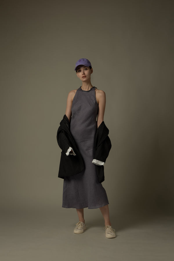 100% Linen Minimalist High-Neck Dress