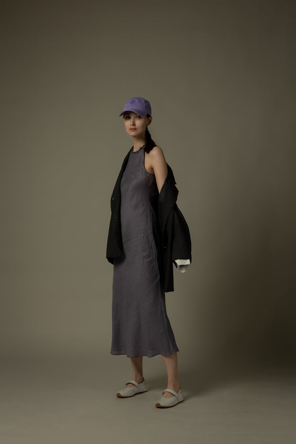 100% Linen Minimalist High-Neck Dress