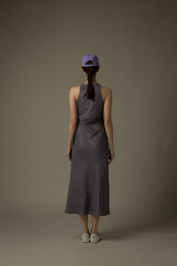 100% Linen Minimalist High-Neck Dress