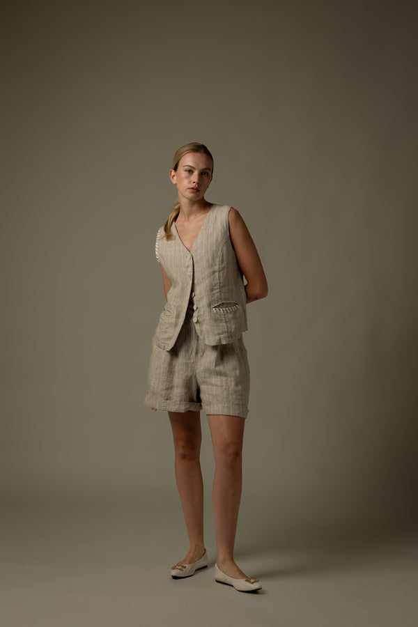 100% Linen Striped Stitch Detail Vest
