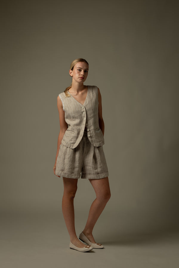100% Linen Striped Stitch Detail Vest