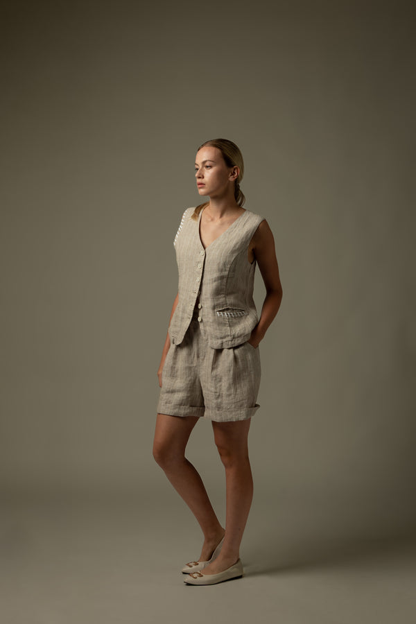 100% Linen Striped Stitch Detail Vest
