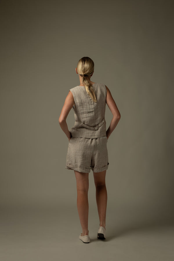 100% Linen Striped Stitch Detail Vest