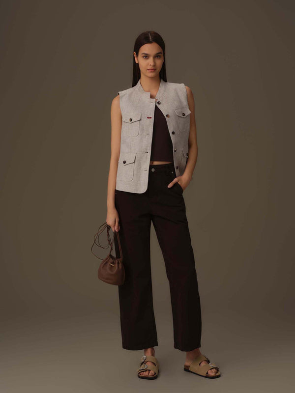 Sleeveless Utility Linen Vest