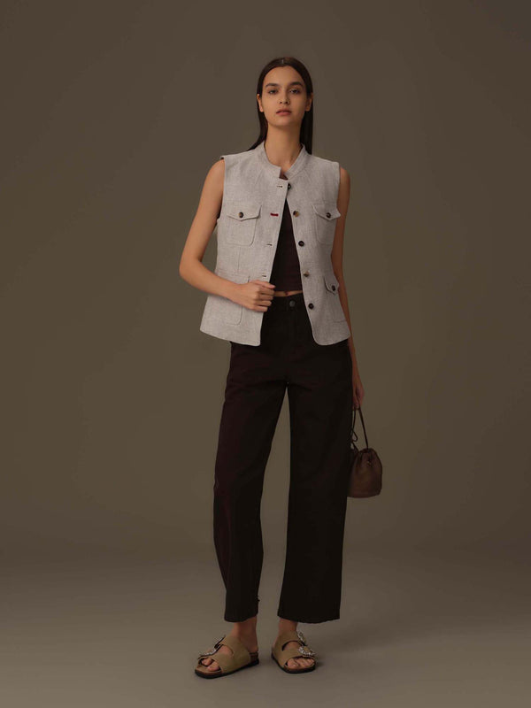 Sleeveless Utility Linen Vest