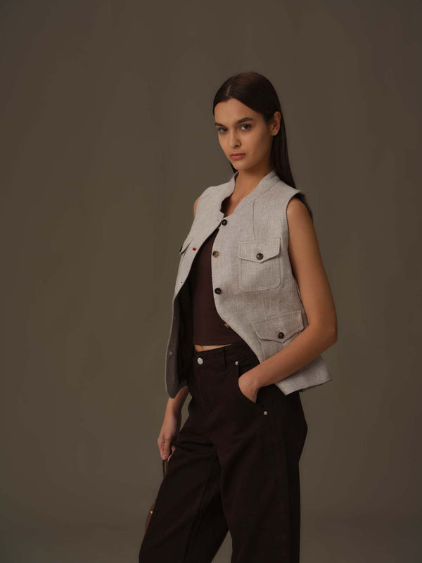 Sleeveless Utility Linen Vest