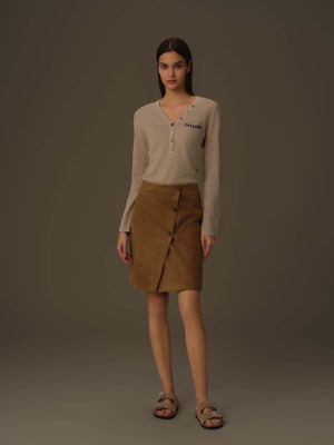 Asymmetric Buttoned V-Neck Knit Top