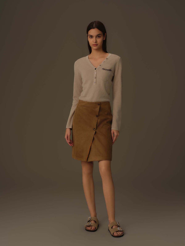 Asymmetric Buttoned V-Neck Knit Top