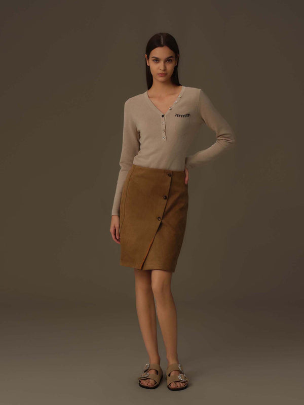 Asymmetric Buttoned V-Neck Knit Top