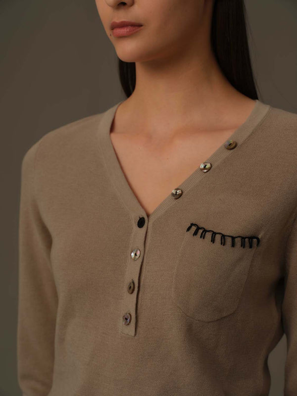 Asymmetric Buttoned V-Neck Knit Top
