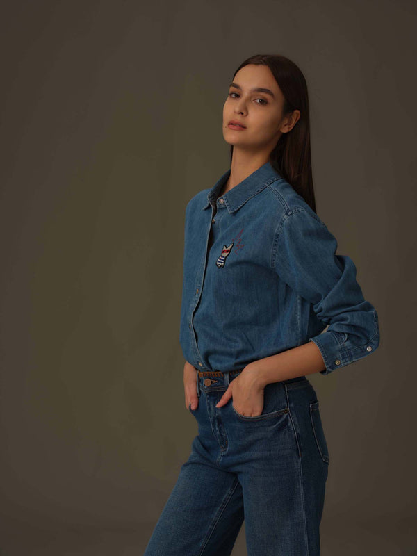 Frenchie Embroidered Denim Shirt