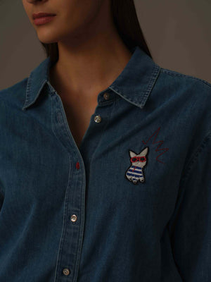 Frenchie Embroidered Denim Shirt