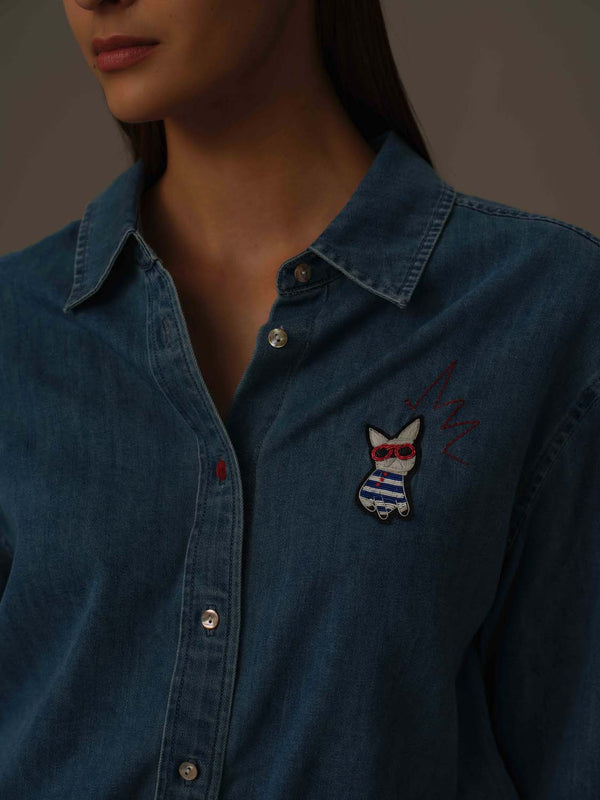 Frenchie Embroidered Denim Shirt