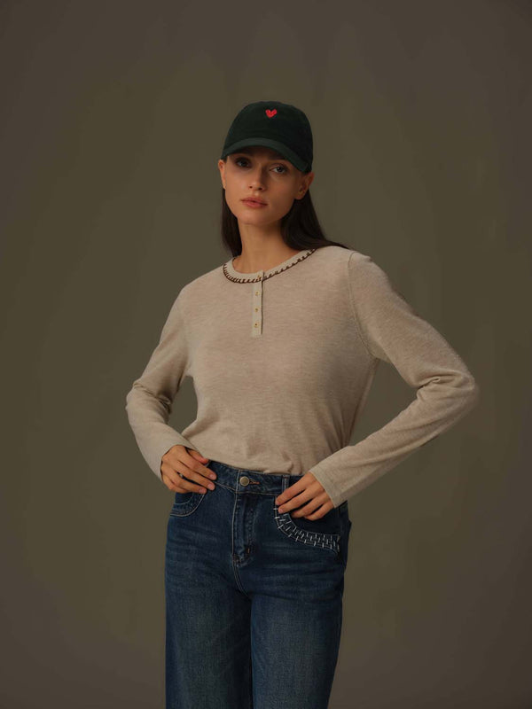 Embroidered Neckline Knit Top