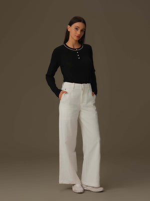 Embroidered Neckline Knit Top