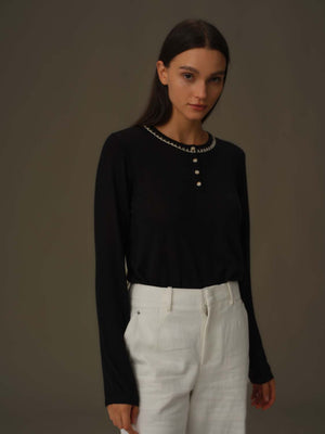 Embroidered Neckline Knit Top