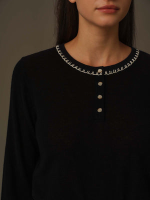 Embroidered Neckline Knit Top