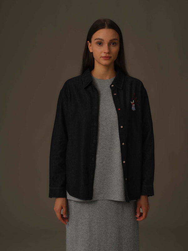 Frenchie Embroidered Denim Shirt