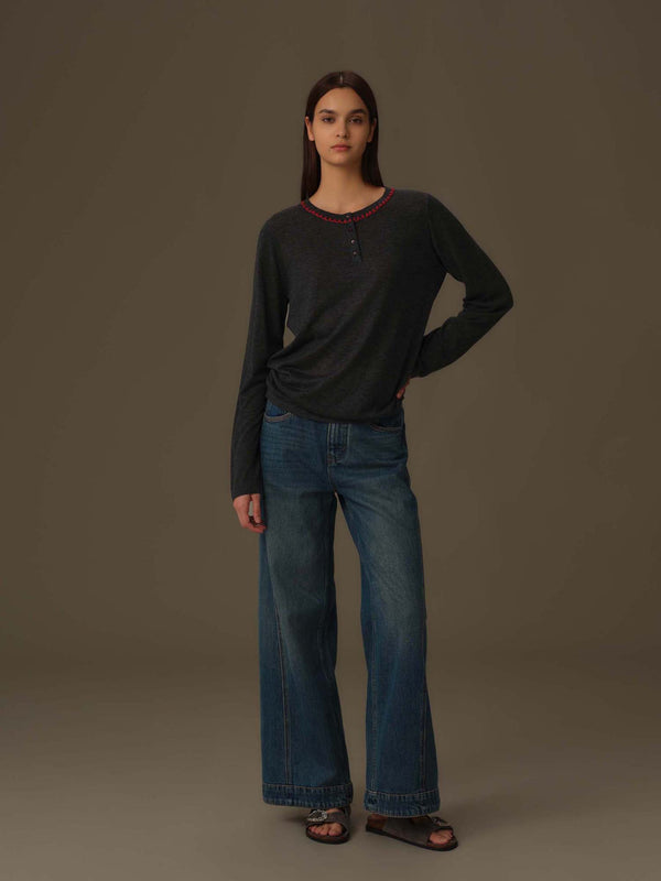 Embroidered Neckline Knit Top