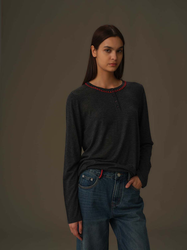 Embroidered Neckline Knit Top