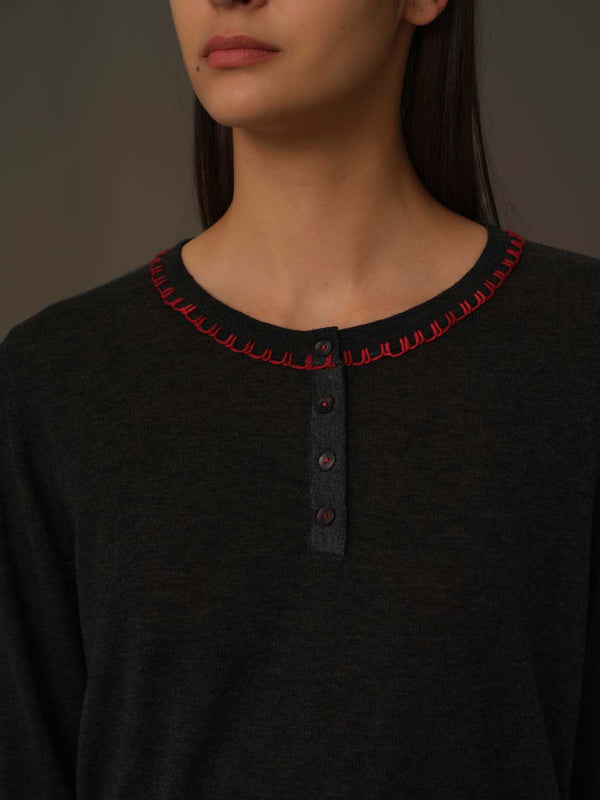 Embroidered Neckline Knit Top