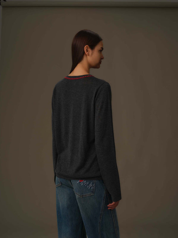 Embroidered Neckline Knit Top