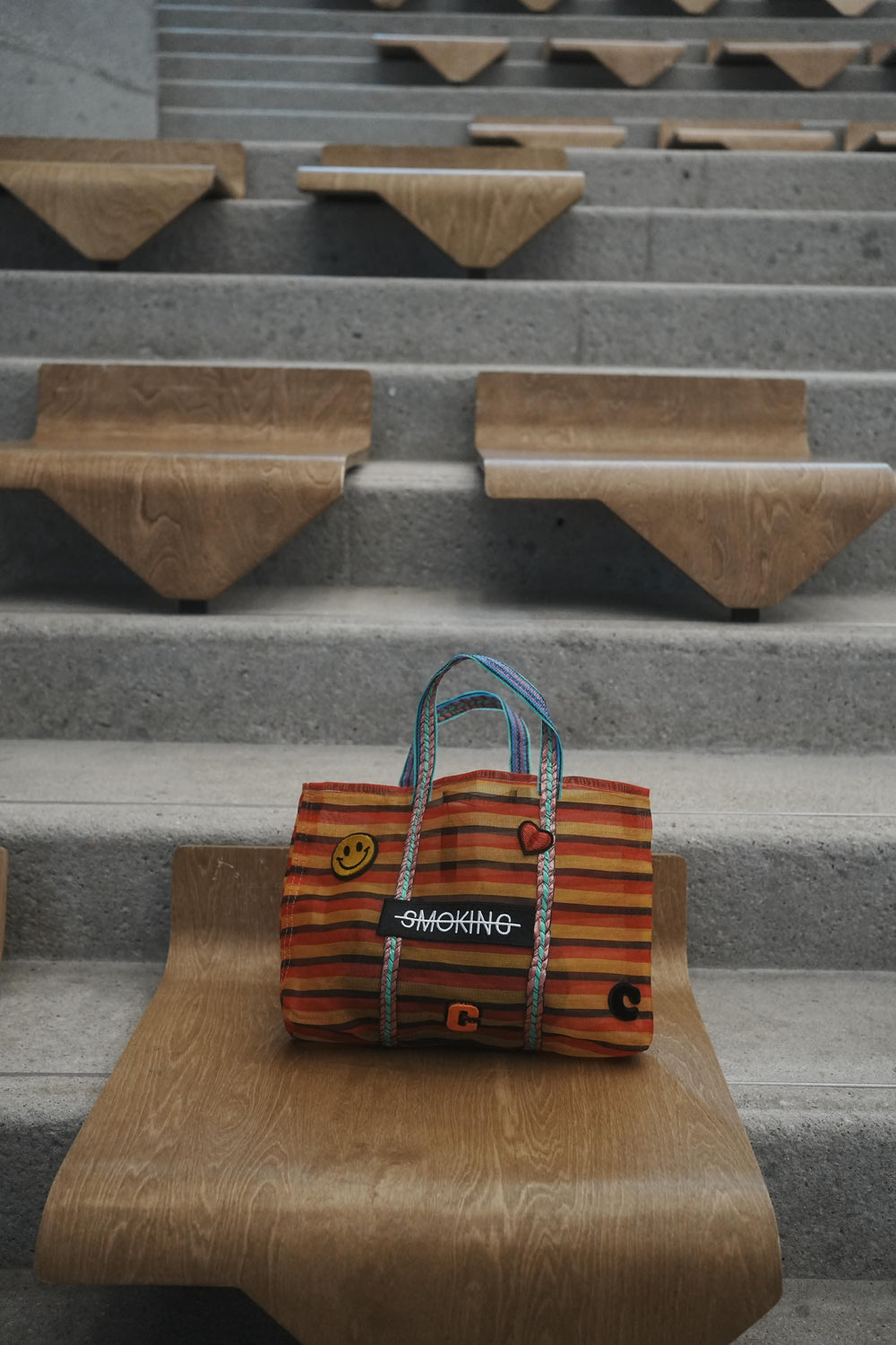 Badge Striped Woven Bag