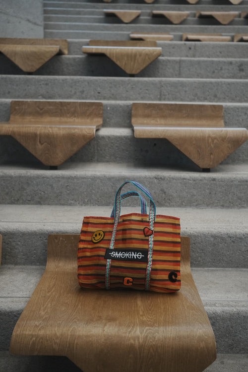 Badge Striped Woven Bag