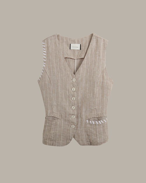 100% Linen Striped Stitch Detail Vest