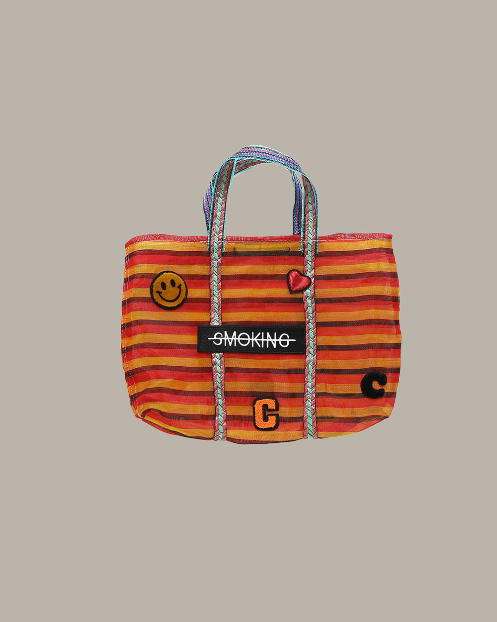 Badge Striped Woven Bag