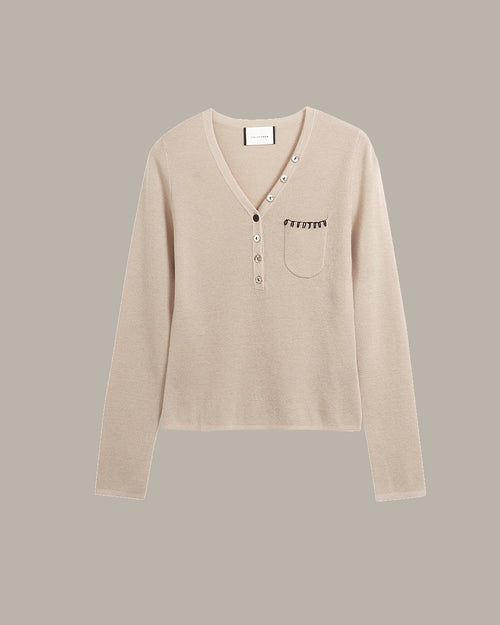 Asymmetric Buttoned V-Neck Knit Top