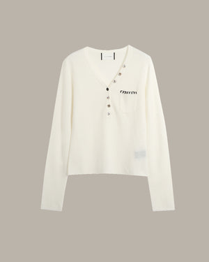 Asymmetric Buttoned V-Neck Knit Top