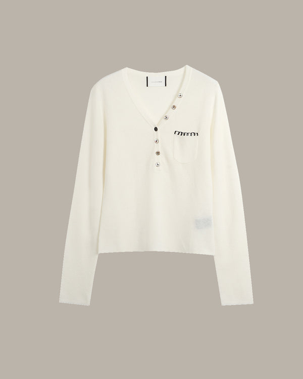 Asymmetric Buttoned V-Neck Knit Top