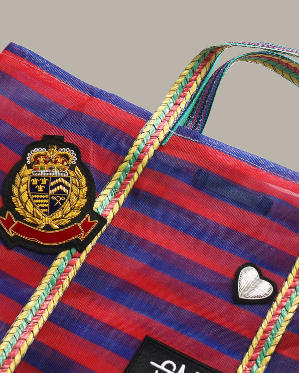 Badge Striped Woven Bag
