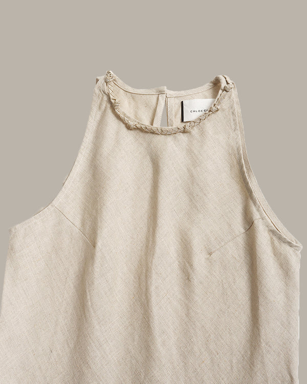100% Linen Minimalist High-Neck Dress