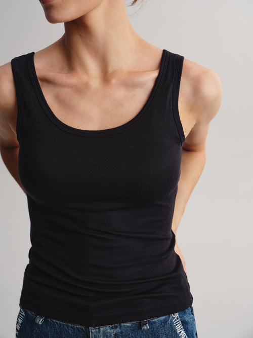 A close-up of a model wearing a black ribbed scoop-neck tank top paired with blue jeans against a light gray background.