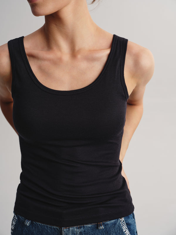 A close-up of a model wearing a black ribbed scoop-neck tank top paired with blue jeans against a light gray background.