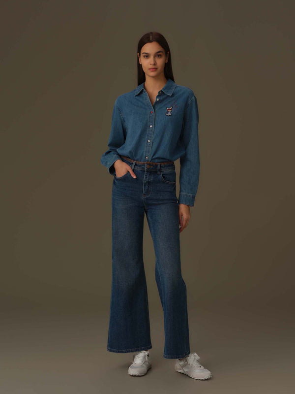 Frenchie Embroidered Denim Shirt