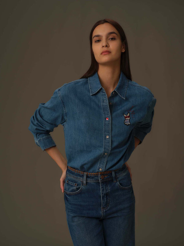 Frenchie Embroidered Denim Shirt
