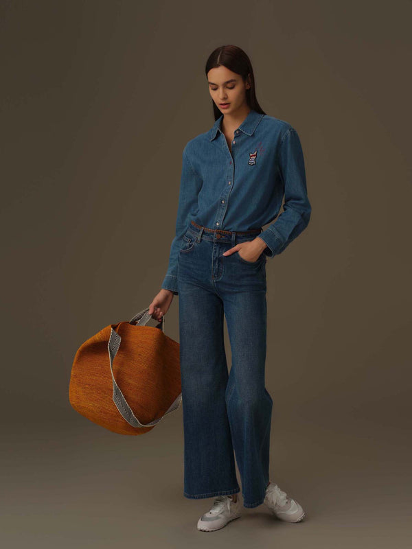 Frenchie Embroidered Denim Shirt