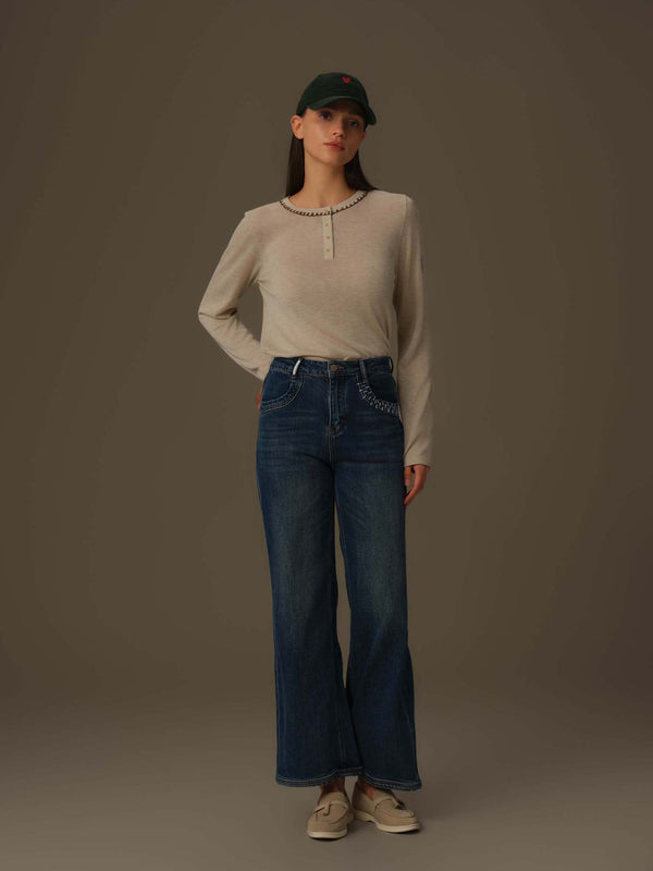 Embroidered Neckline Knit Top