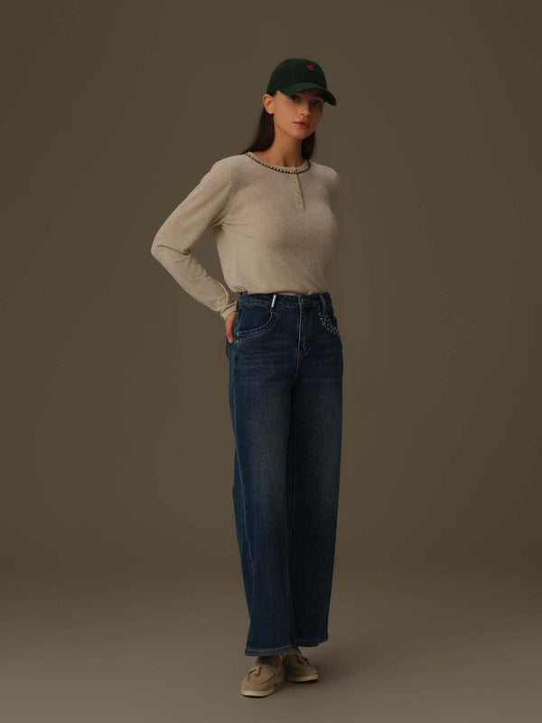 Embroidered Neckline Knit Top