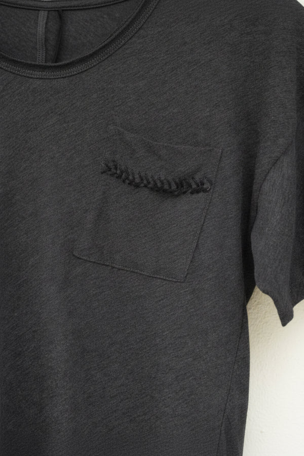 Gray sweatshirt with a pocket and a small label on a white background