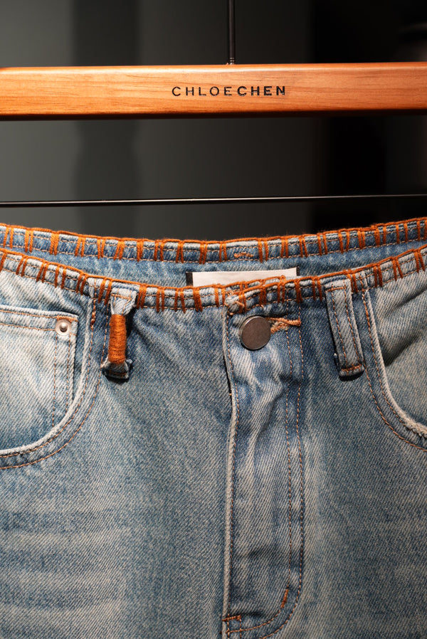 裝飾縫線闊腿牛仔褲