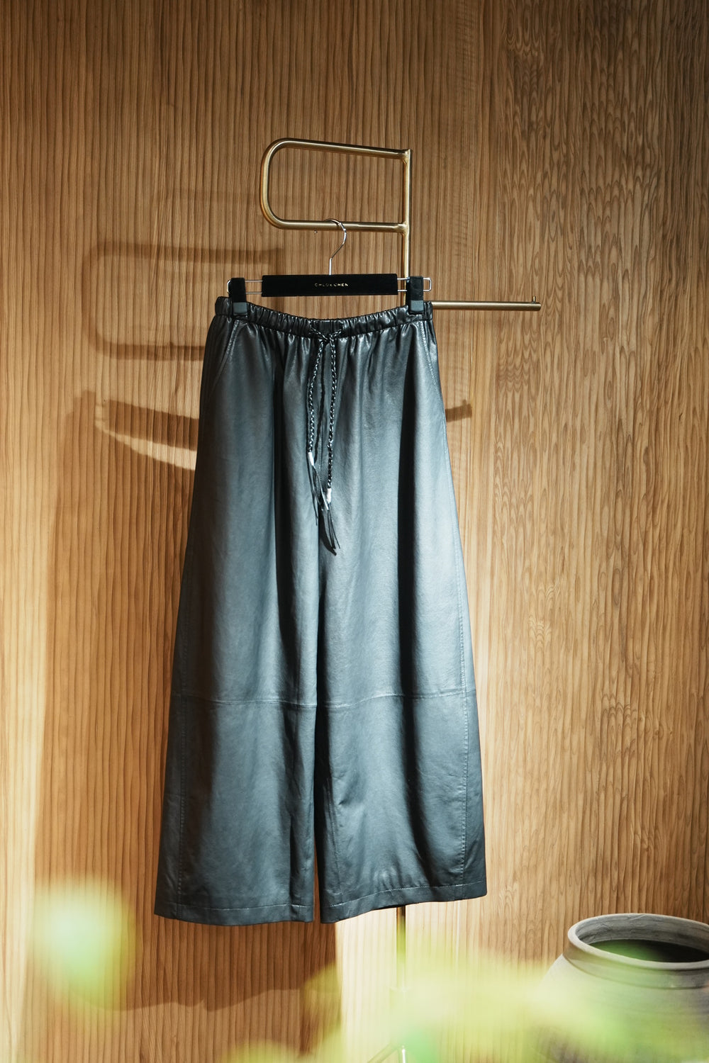 Braided-Drawstring Leather Wide-Leg Pants