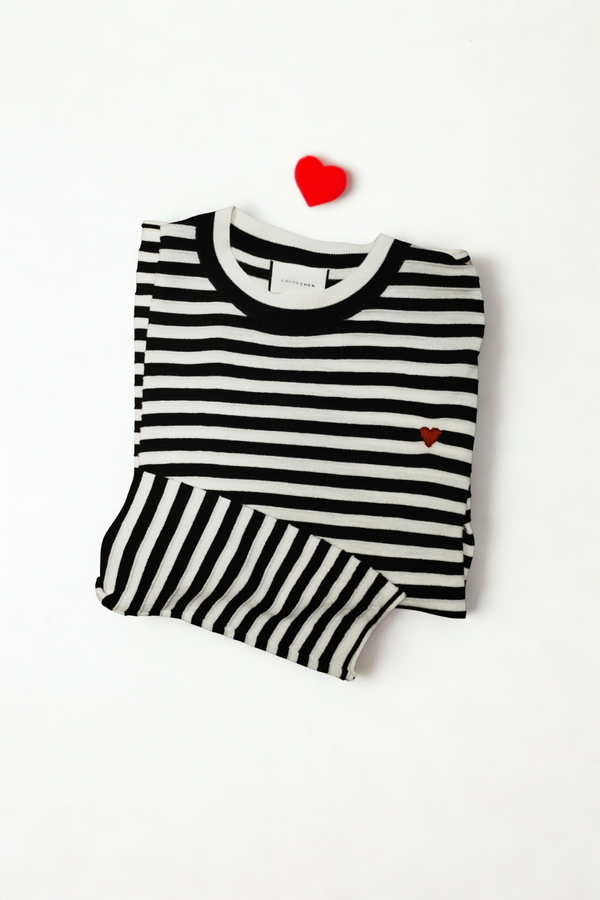 Heart Embroidered Stripe Knit Top