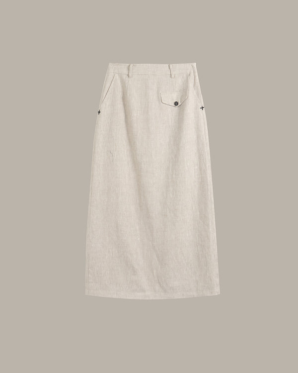 A light beige linen midi skirt with a single buttoned flap pocket on the right side, shown flat against a solid taupe background.