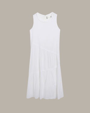 White sleeveless  Cutout Neckline Pleated Dress on a beige background