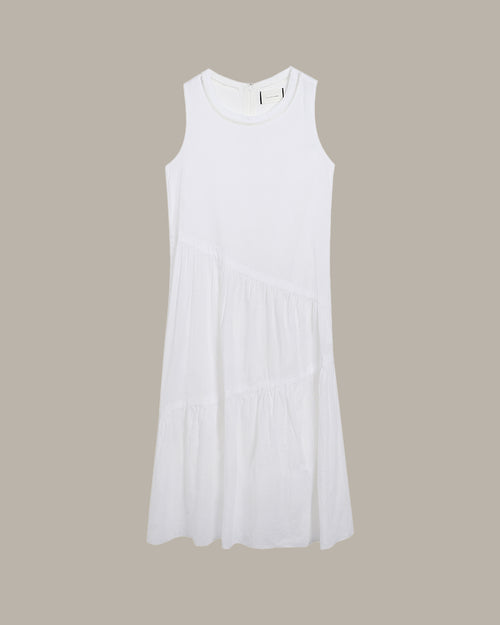 White sleeveless  Cutout Neckline Pleated Dress on a beige background