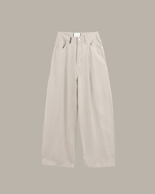 A pair of light beige wide-leg cropped pants with a high waist, displayed against a solid taupe-gray background.